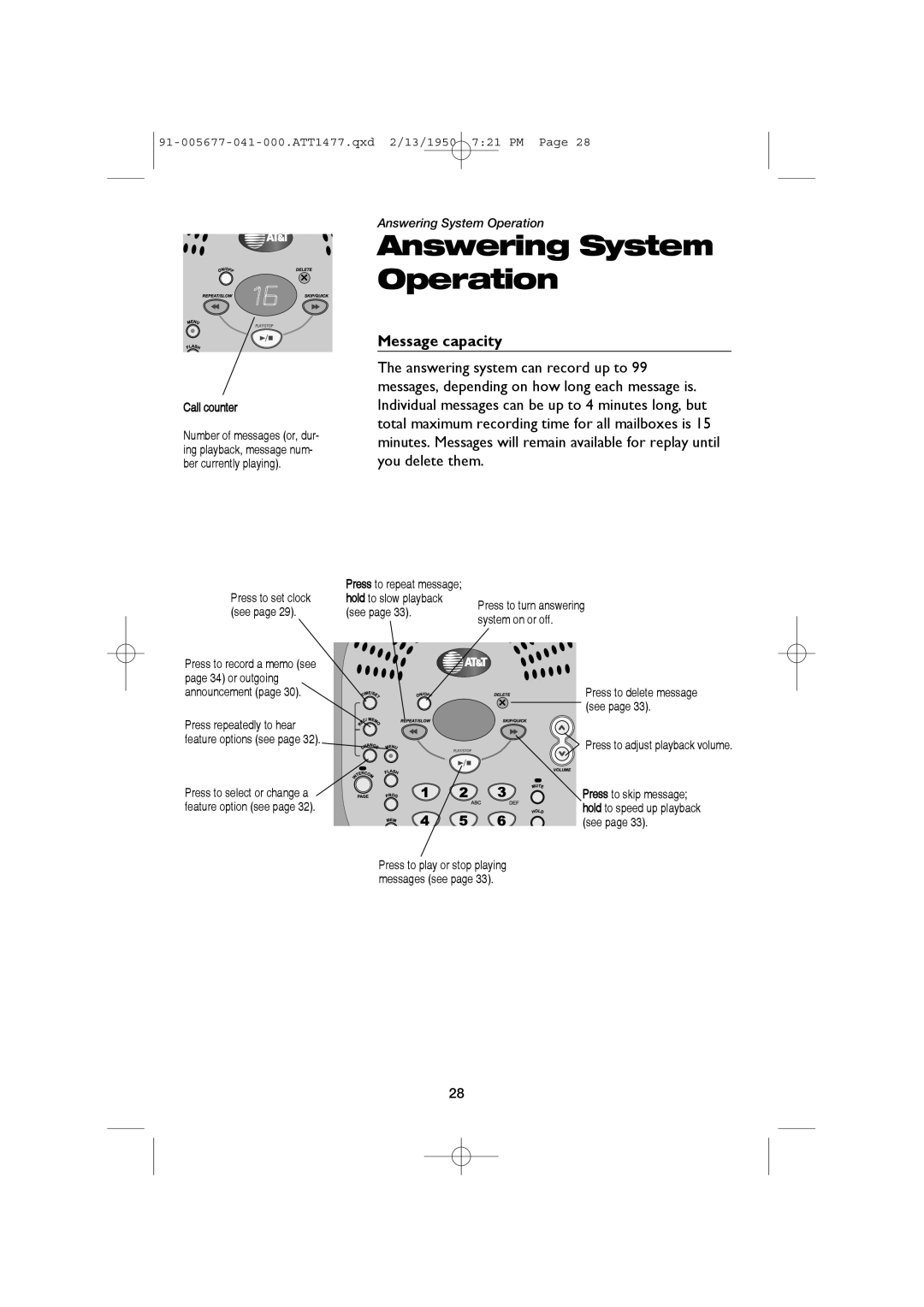 AT&T 1177 user manual Answering System Operation, Message capacity 