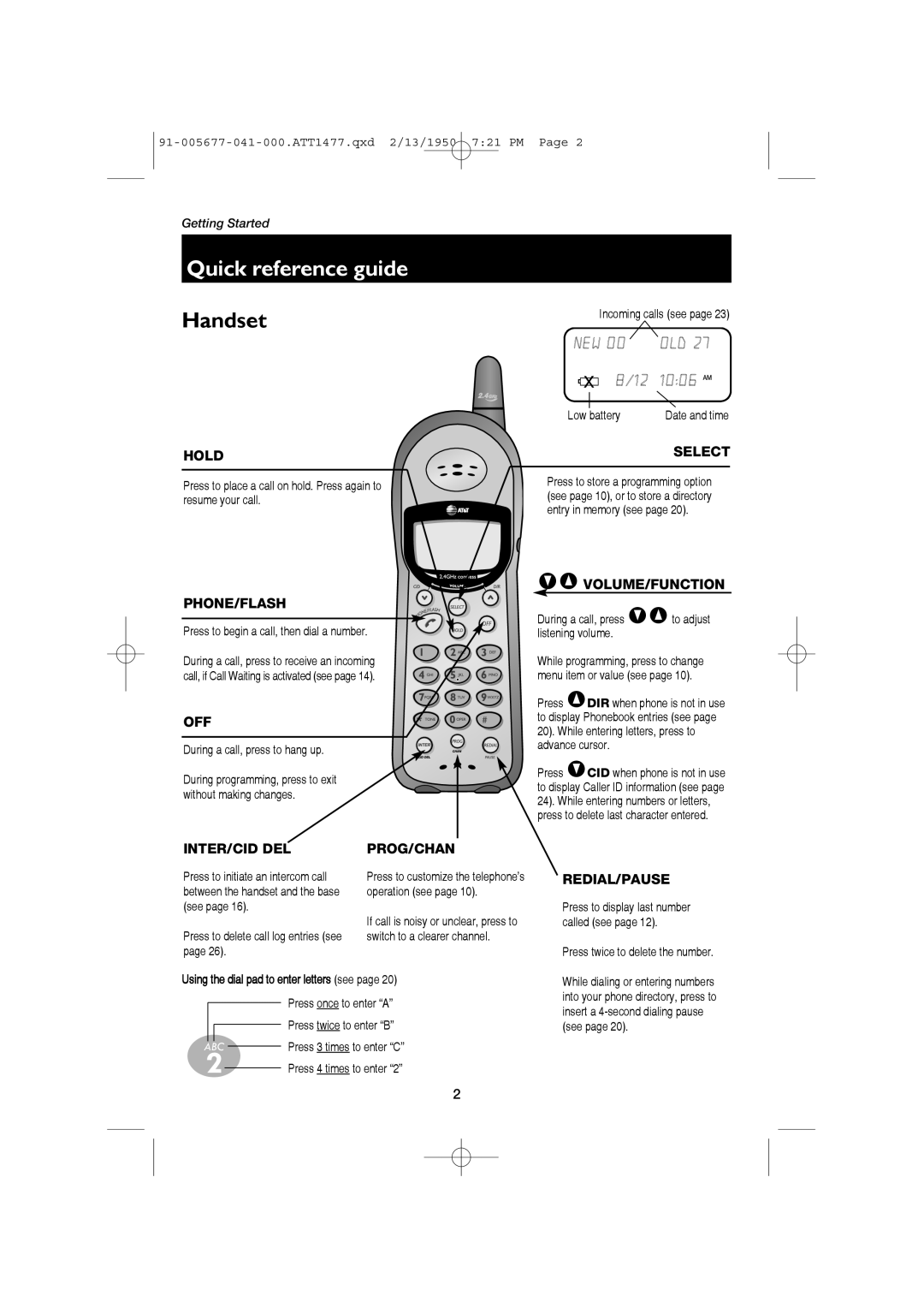 AT&T 1177 user manual Quick reference guide, Handset, 8/12 1006 AM, 91-005677-041-000.ATT1477.qxd 2/13/1950 721 PM Page 