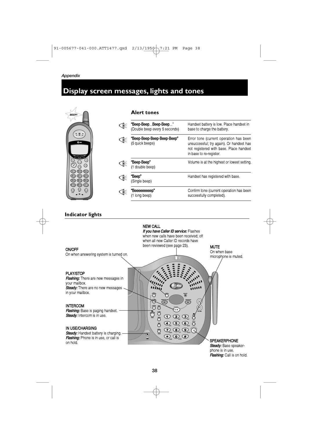 AT&T 1177 user manual Display screen messages, lights and tones, Alert tones, Indicator lights, Appendix 
