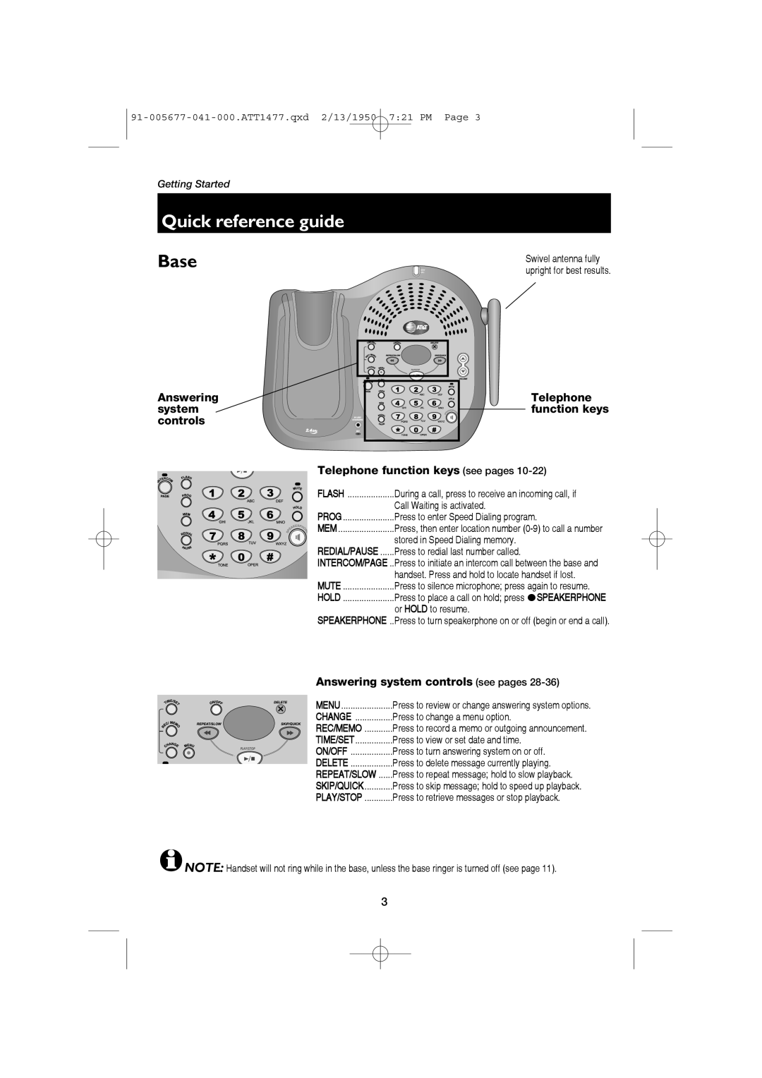 AT&T 1177 Base, Quick reference guide, 91-005677-041-000.ATT1477.qxd 2/13/1950 721 PM Page, Getting Started, Speakerphone 
