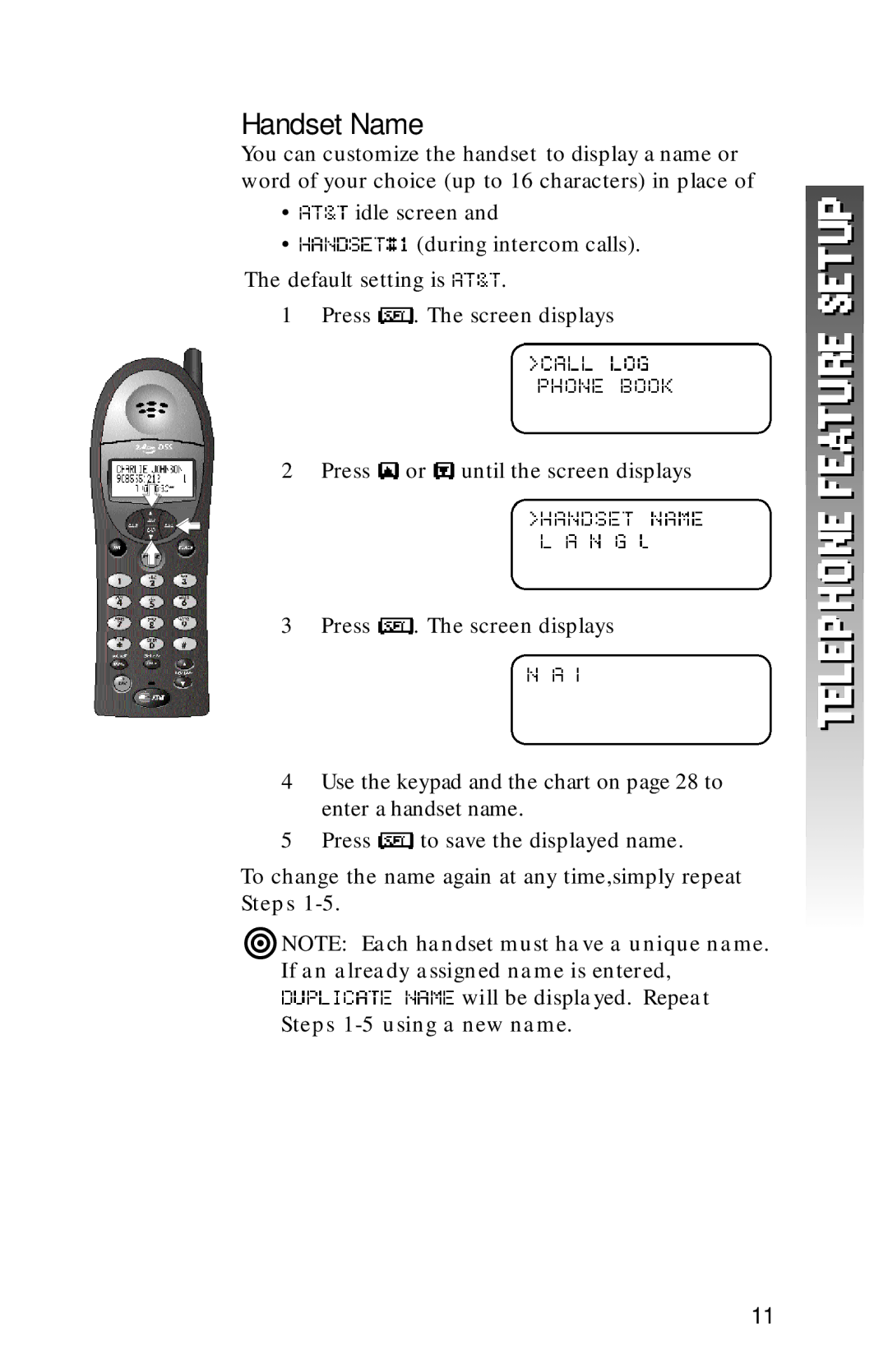 AT&T 1256 user manual Handset Name, Steps 