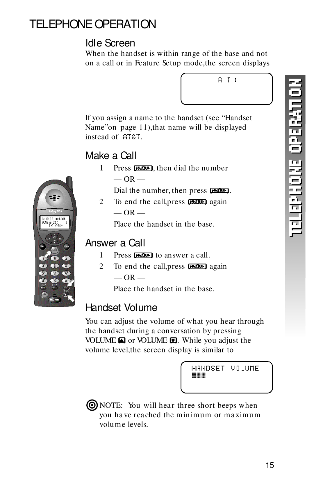 AT&T 1256 user manual Telephone Operation, Idle Screen, Make a Call, Answer a Call, Handset Volume 