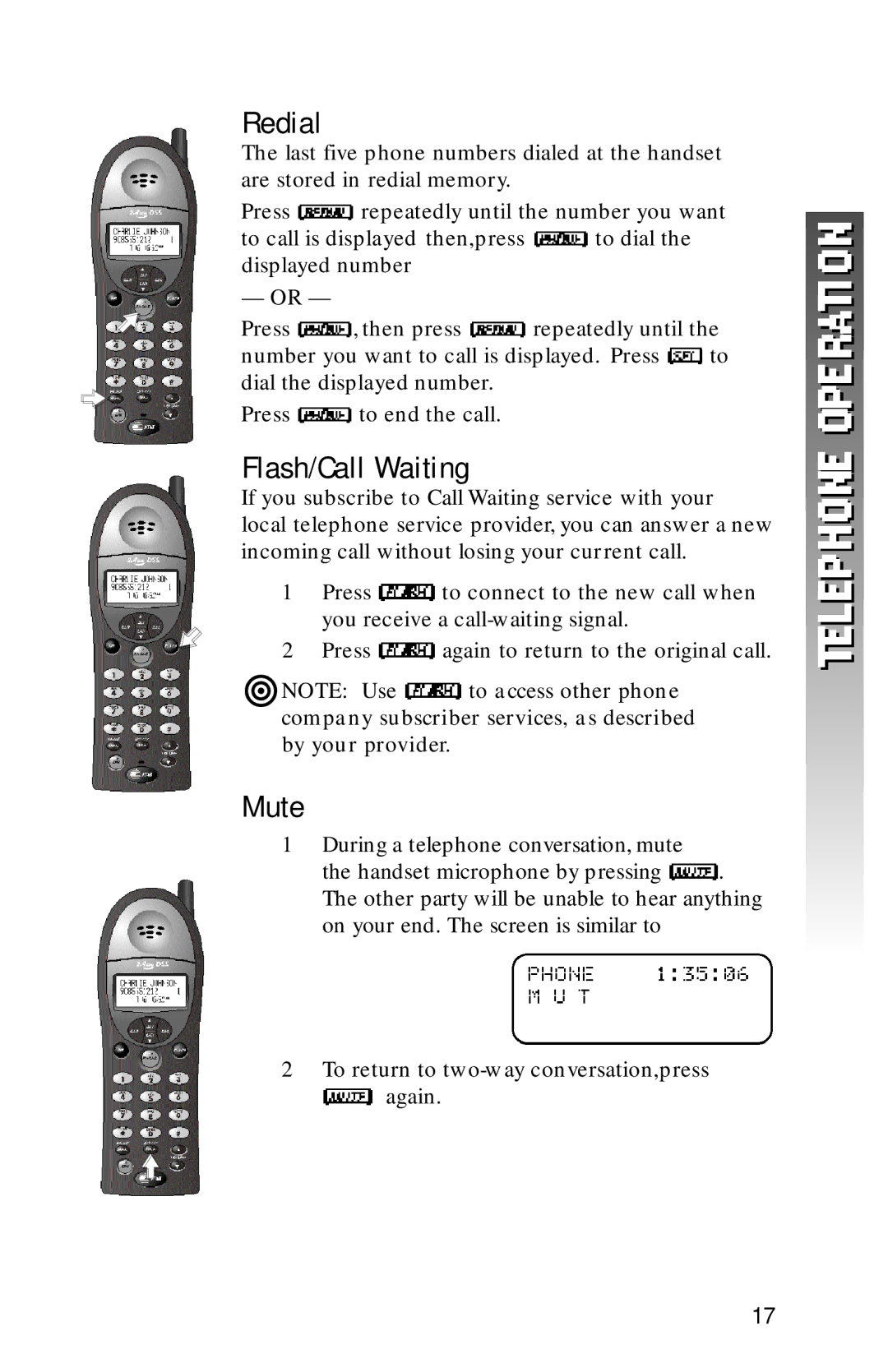 AT&T 1256 user manual Redial, Flash/Call Waiting, Mute 