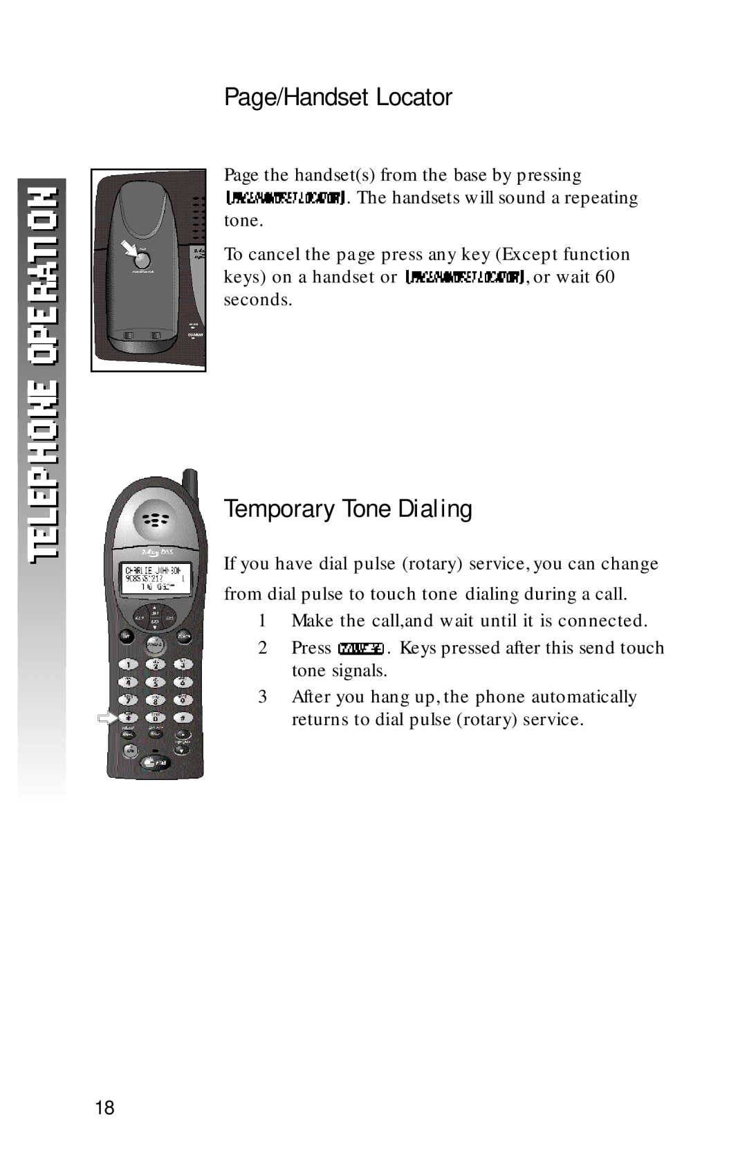 AT&T 1256 user manual Page/Handset Locator, Temporary Tone Dialing 