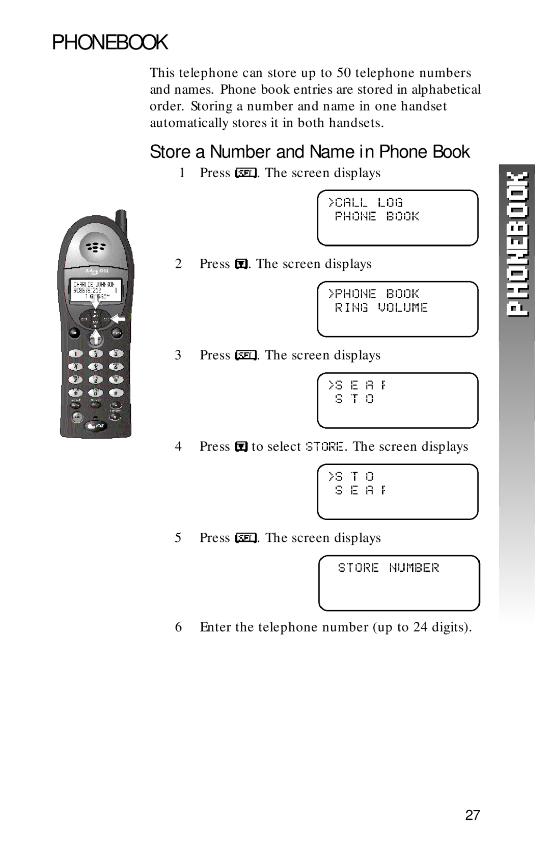 AT&T 1256 user manual Phonebook, Store a Number and Name in Phone Book 