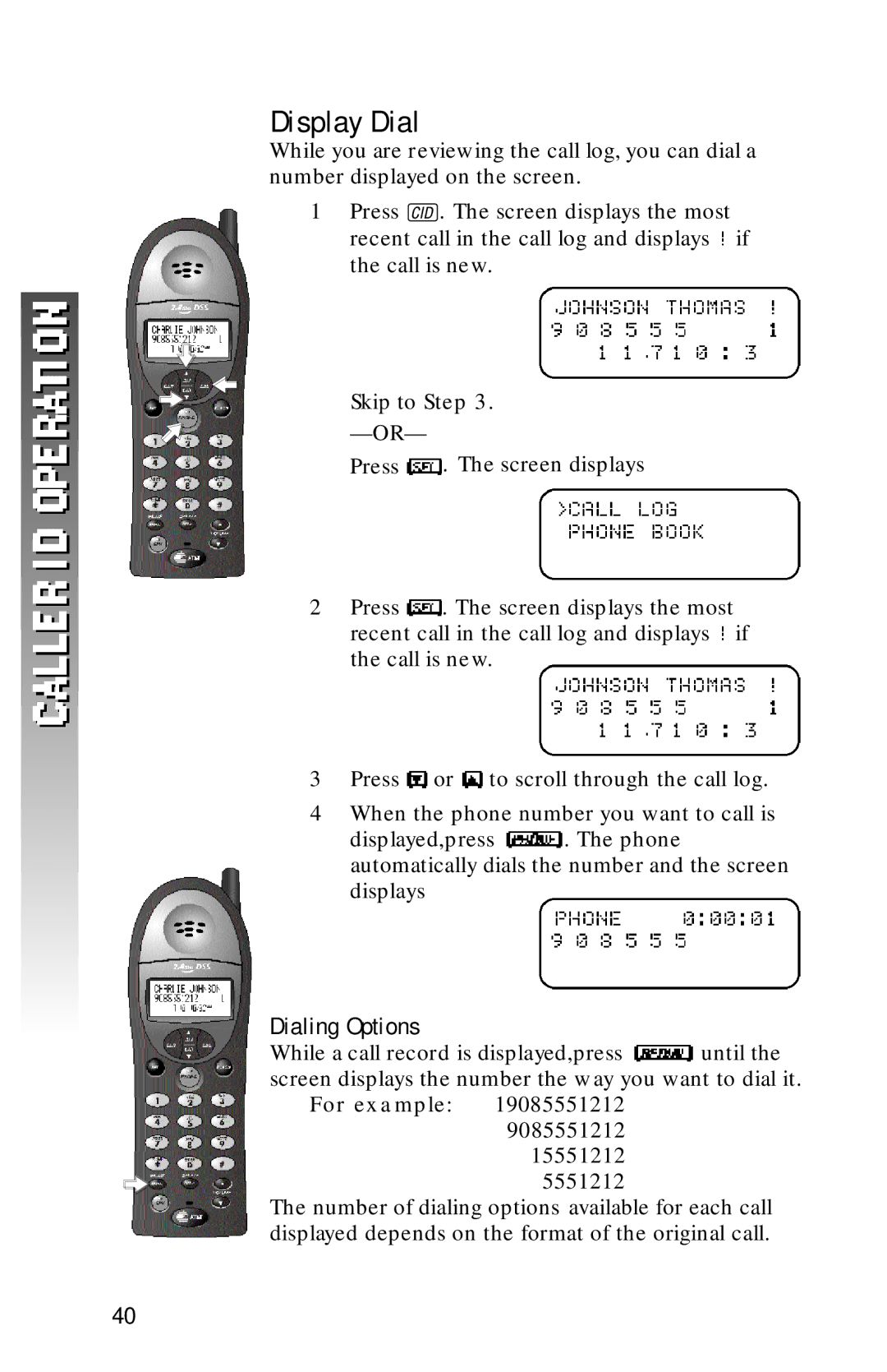 AT&T 1256 user manual Display Dial, Dialing Options 