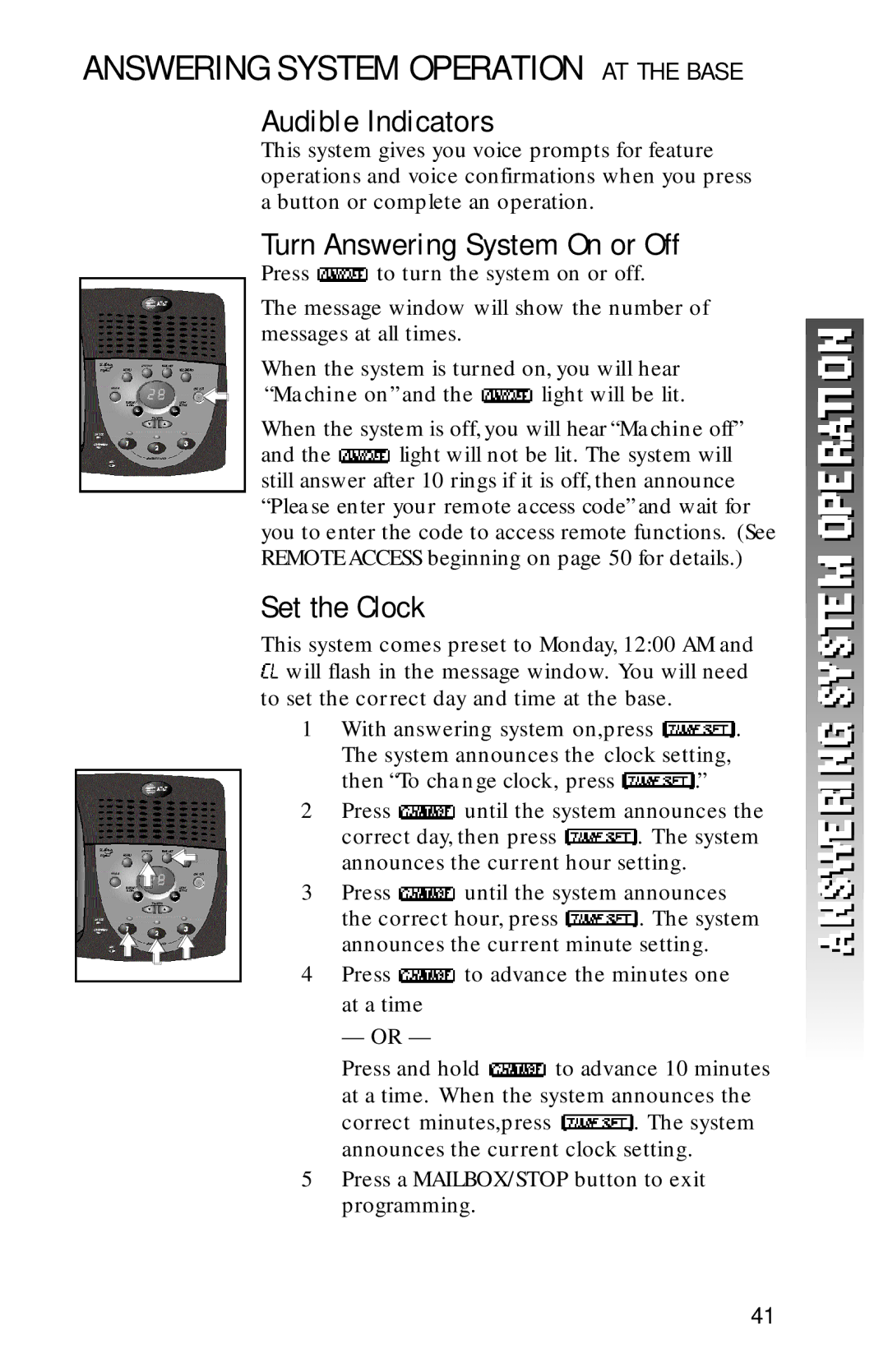 AT&T 1256 Answering System Operation AT the Base, Audible Indicators, Turn Answering System On or Off, Set the Clock 