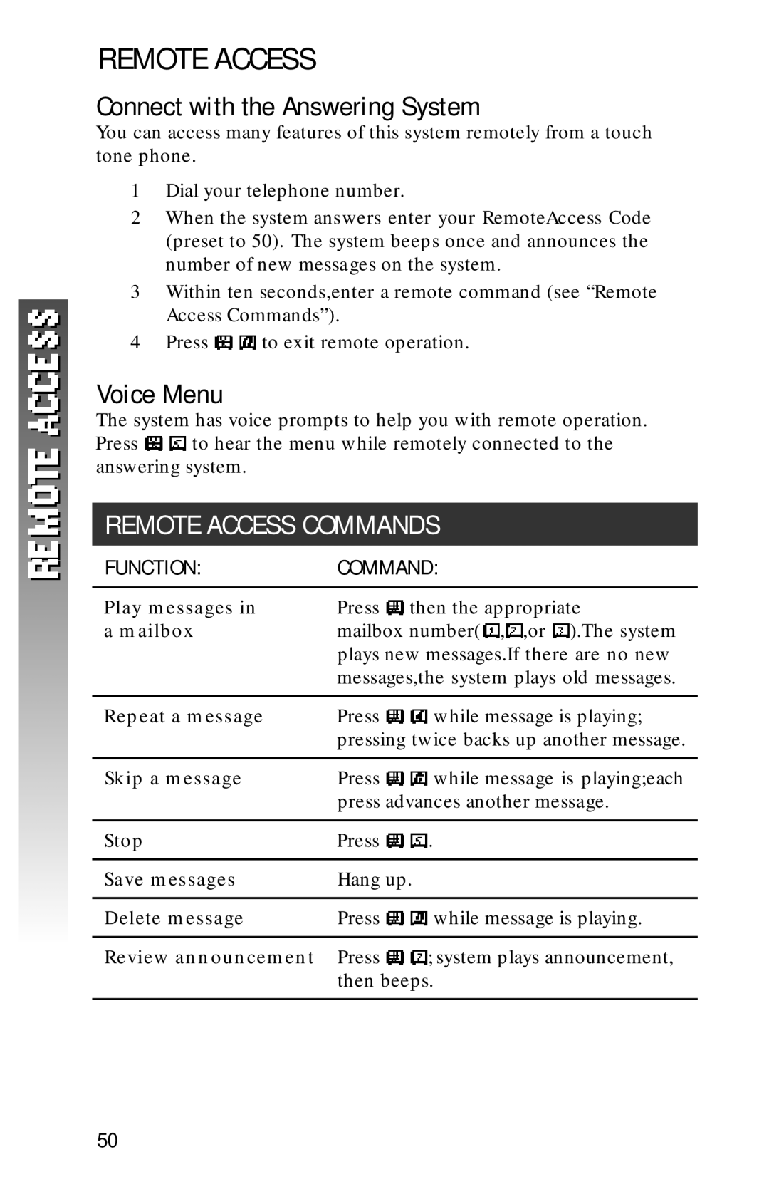 AT&T 1256 user manual Connect with the Answering System, Voice Menu, Remote Access Commands 