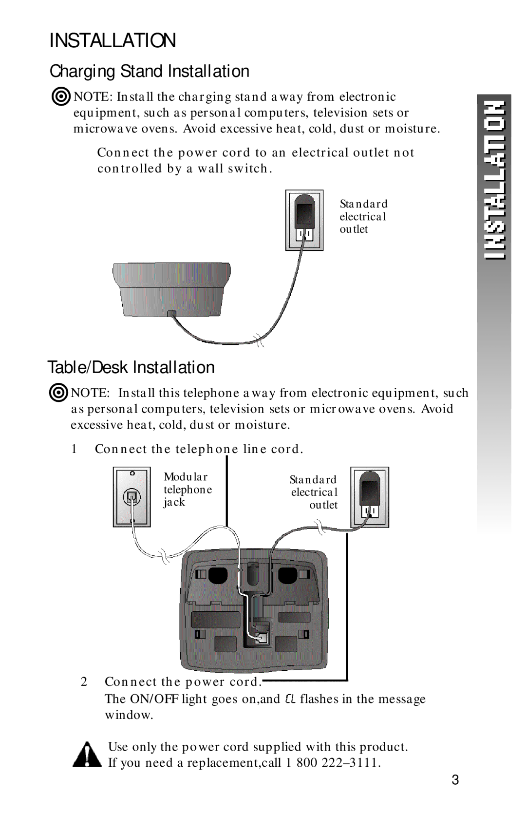 AT&T 1256 user manual Charging Stand Installation, Table/Desk Installation, Connect the telephone line cord 