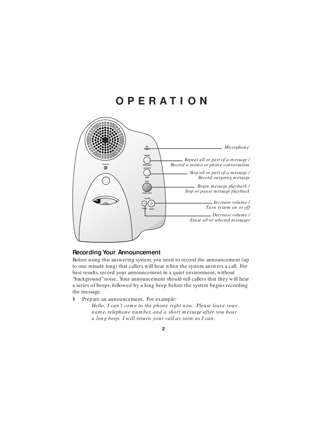 AT&T 1305 user manual E R a T I O N, Recording Your Announcement 