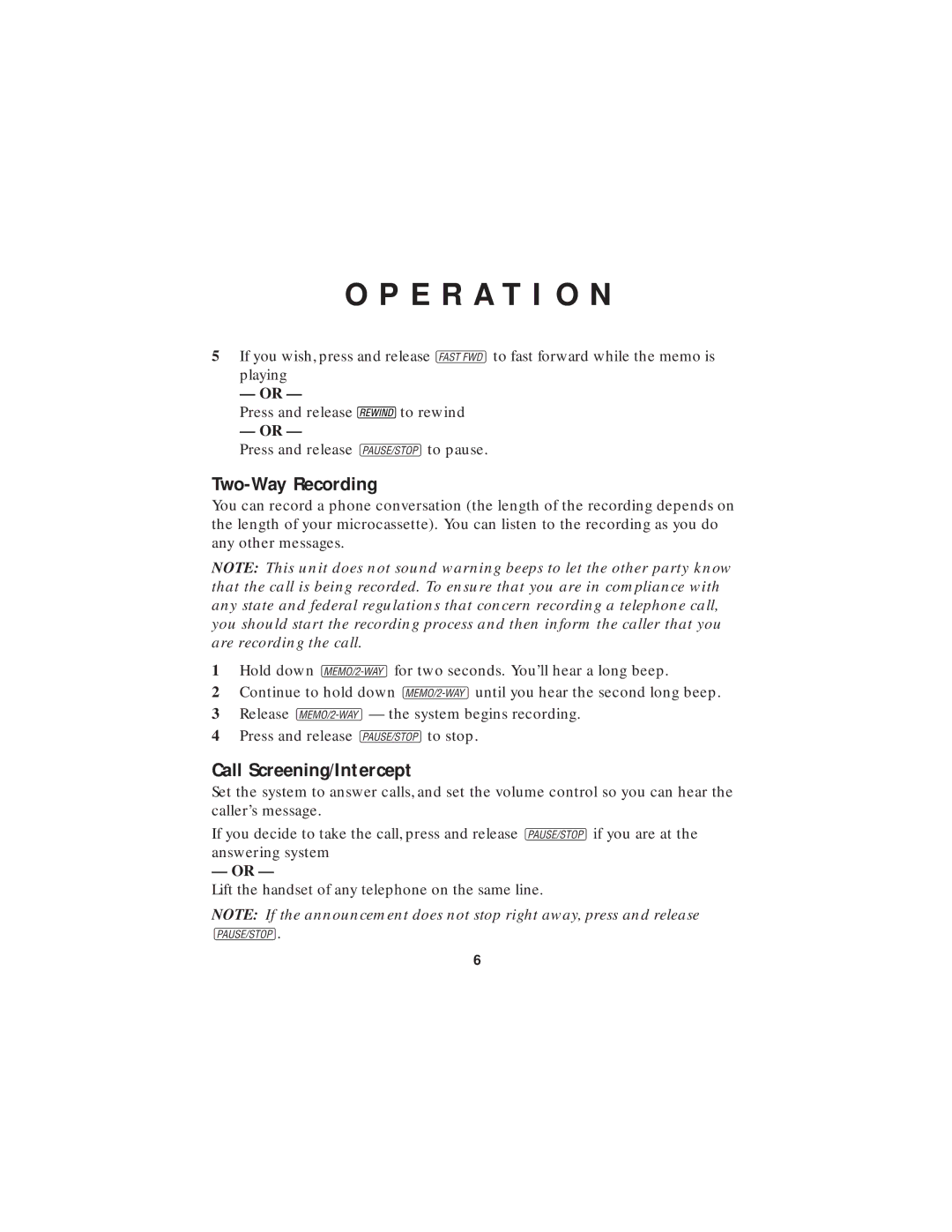 AT&T 1305 user manual Two-Way Recording, Call Screening/Intercept 