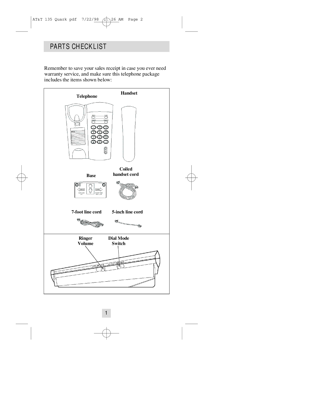 AT&T 135 user manual Parts Checklist 