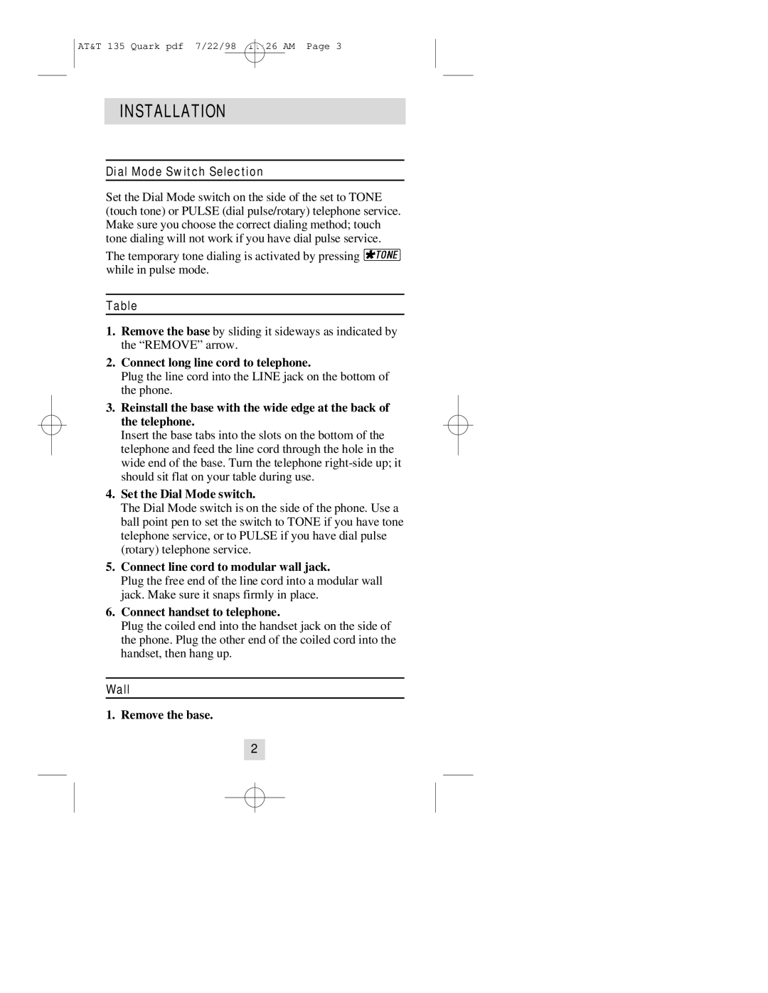 AT&T 135 user manual Installation, Dial Mode Switch Selection, Wall 