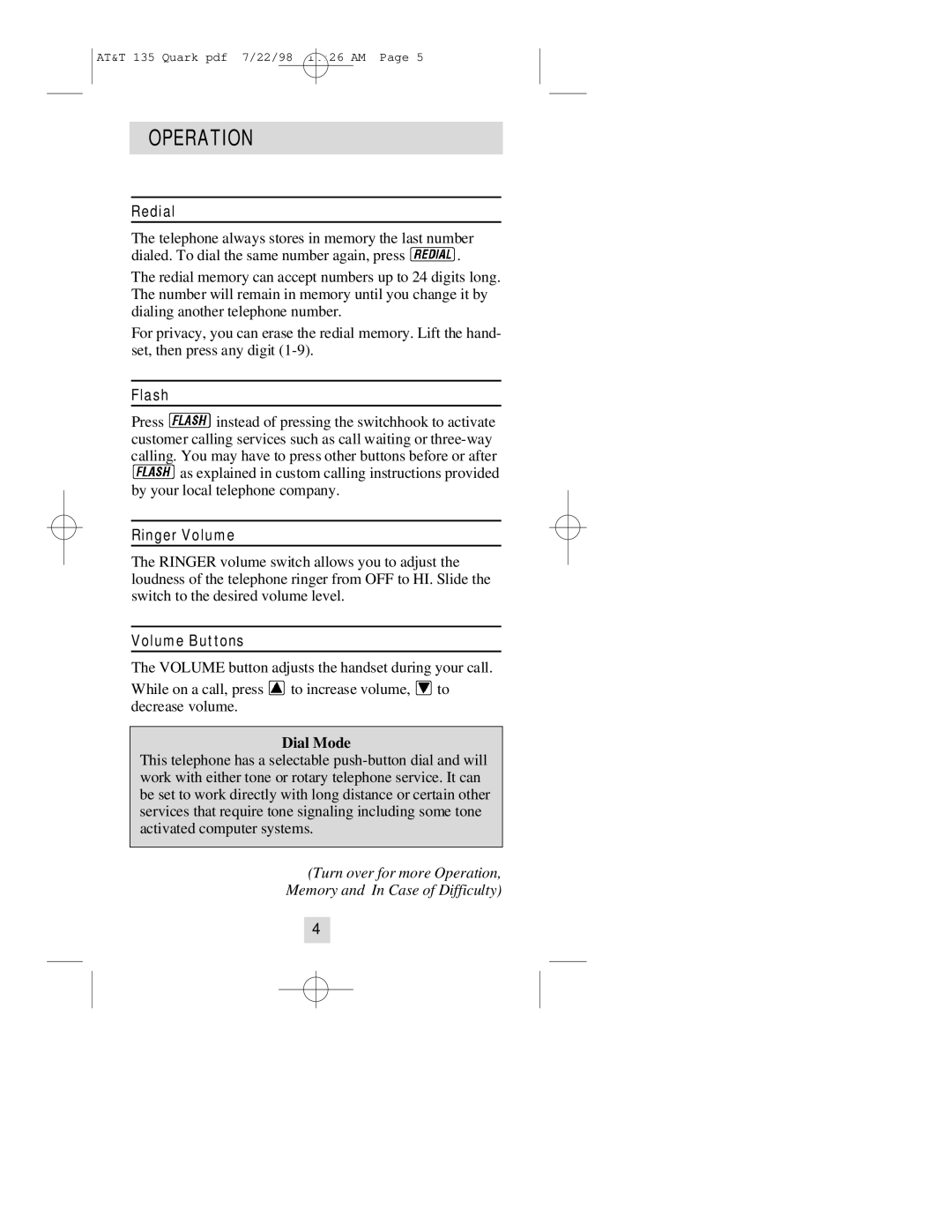 AT&T 135 user manual Operation, Redial, Flash, Ringer Volume, Volume Buttons 