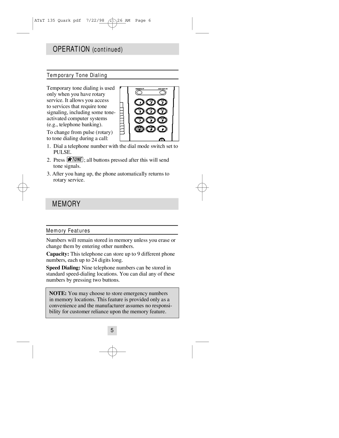 AT&T 135 user manual Operation, Temporary Tone Dialing, Memory Features 