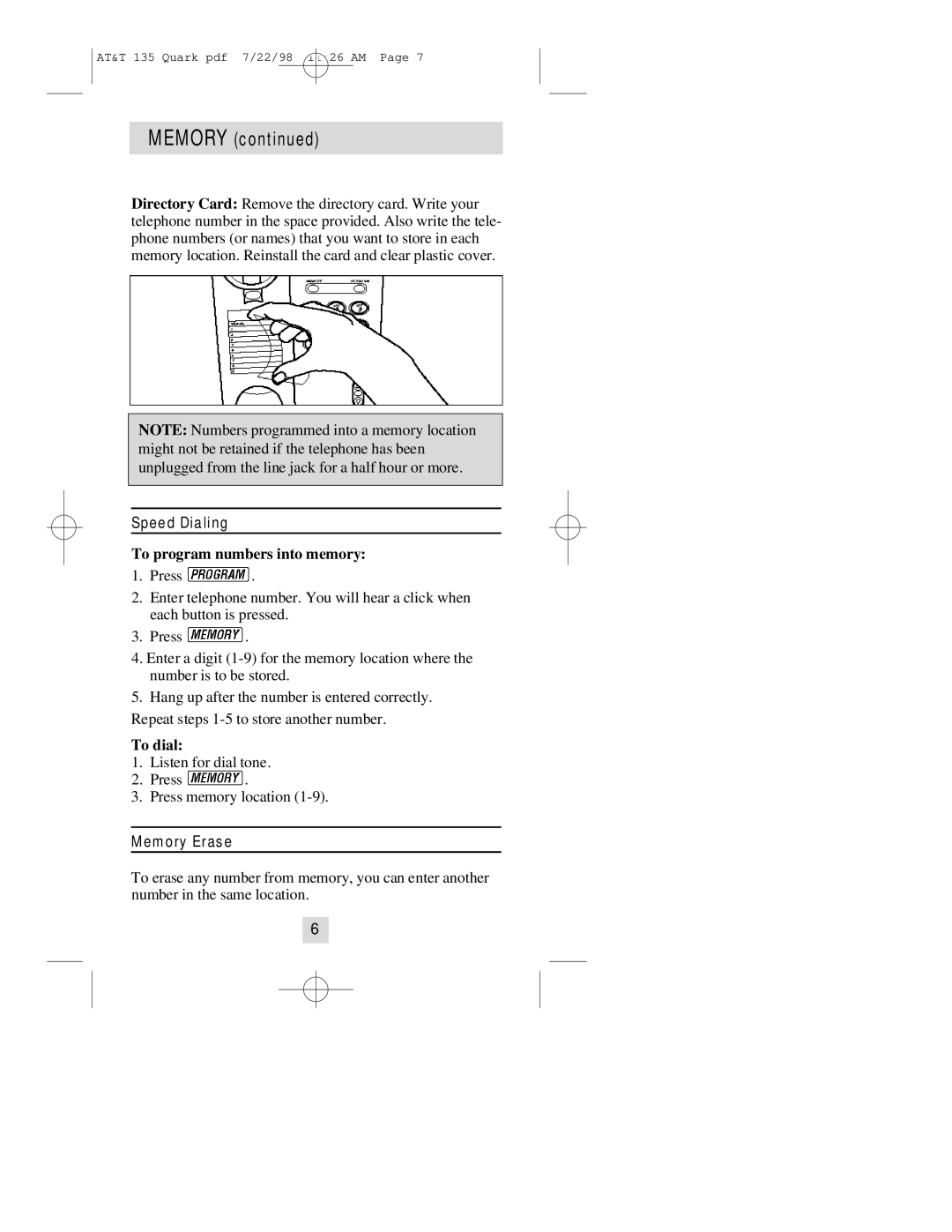 AT&T 135 user manual Speed Dialing, To program numbers into memory, To dial, Memory Erase 