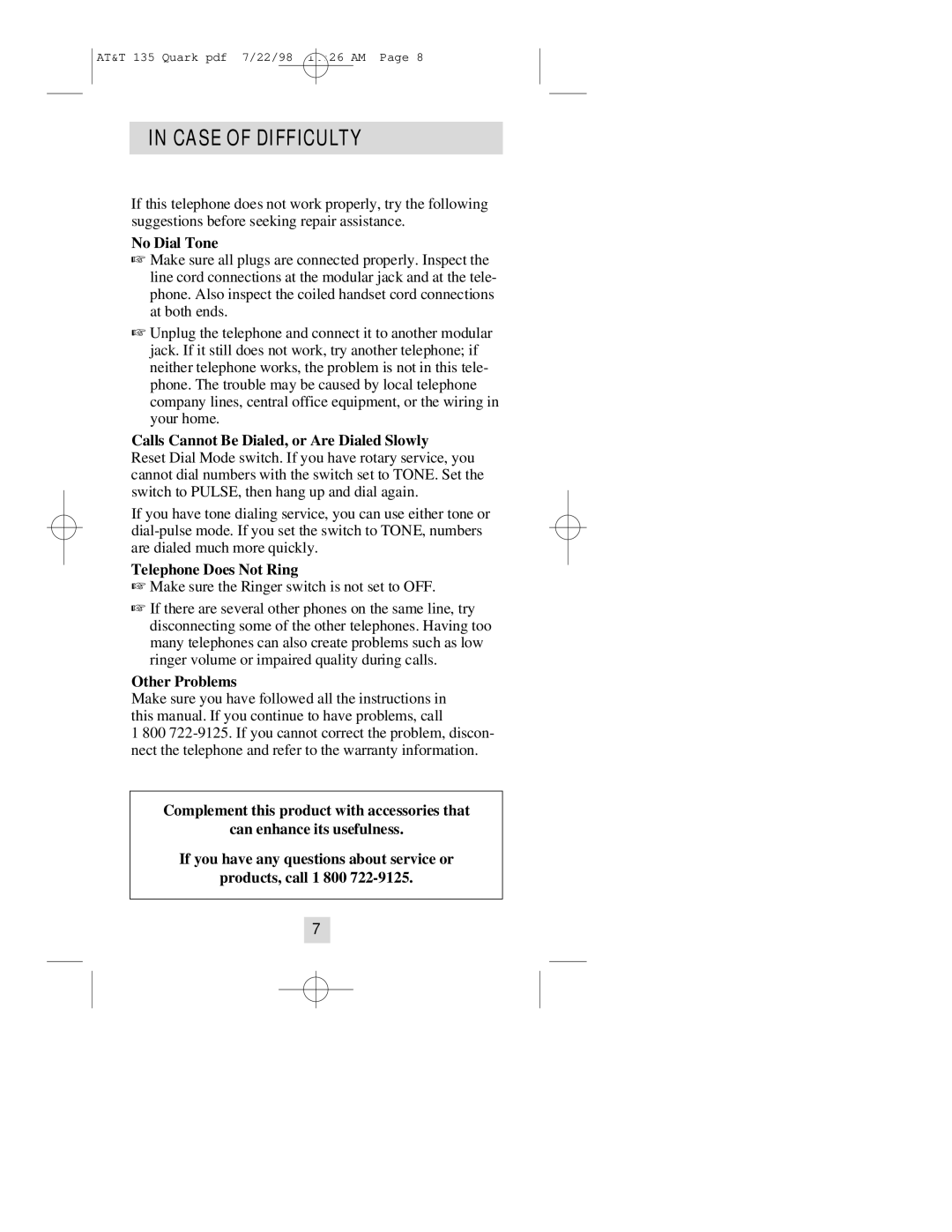 AT&T 135 Case of Difficulty, No Dial Tone, Calls Cannot Be Dialed, or Are Dialed Slowly, Telephone Does Not Ring 