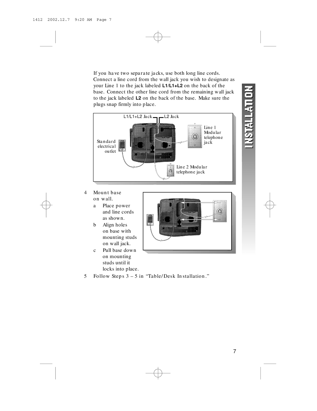 AT&T 1412 user manual Mount base on wall, Follow Steps 3 5 in Table/Desk Installation 