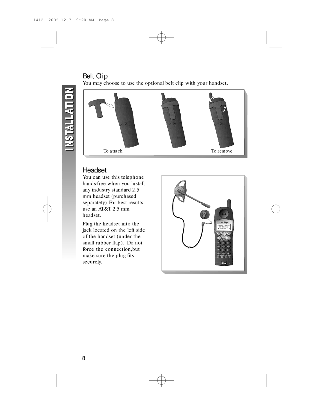 AT&T 1412 user manual Belt Clip, Headset 