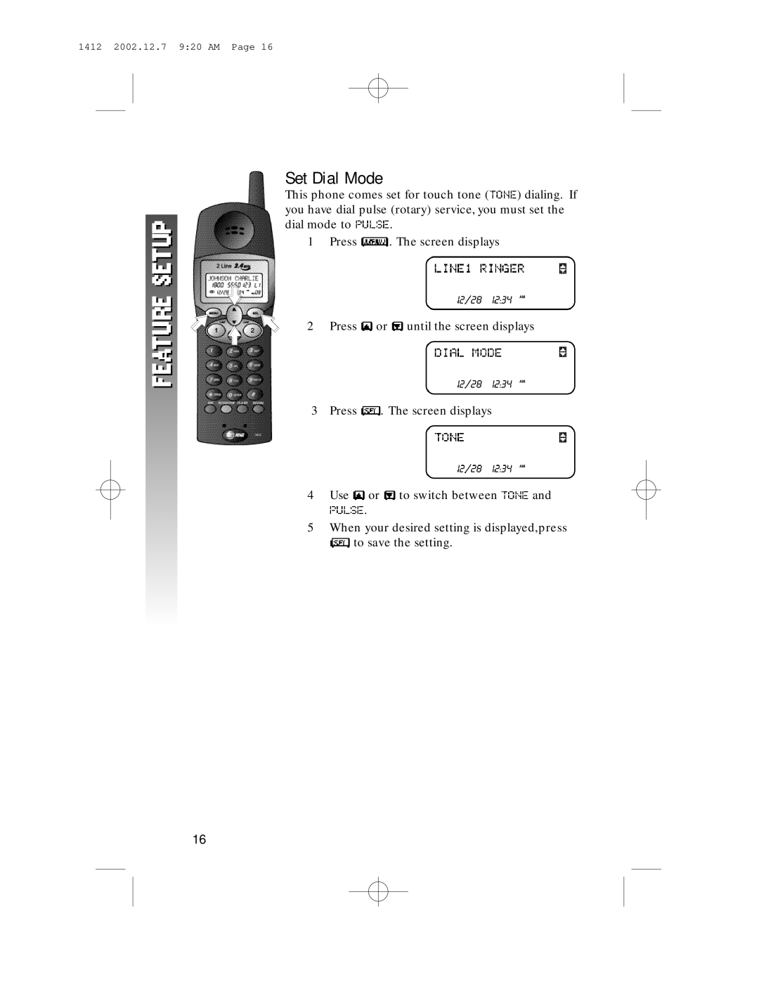 AT&T 1412 user manual Set Dial Mode 