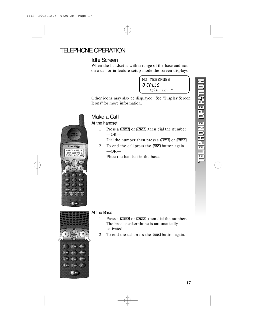 AT&T 1412 user manual Telephone Operation, Idle Screen, Make a Call 