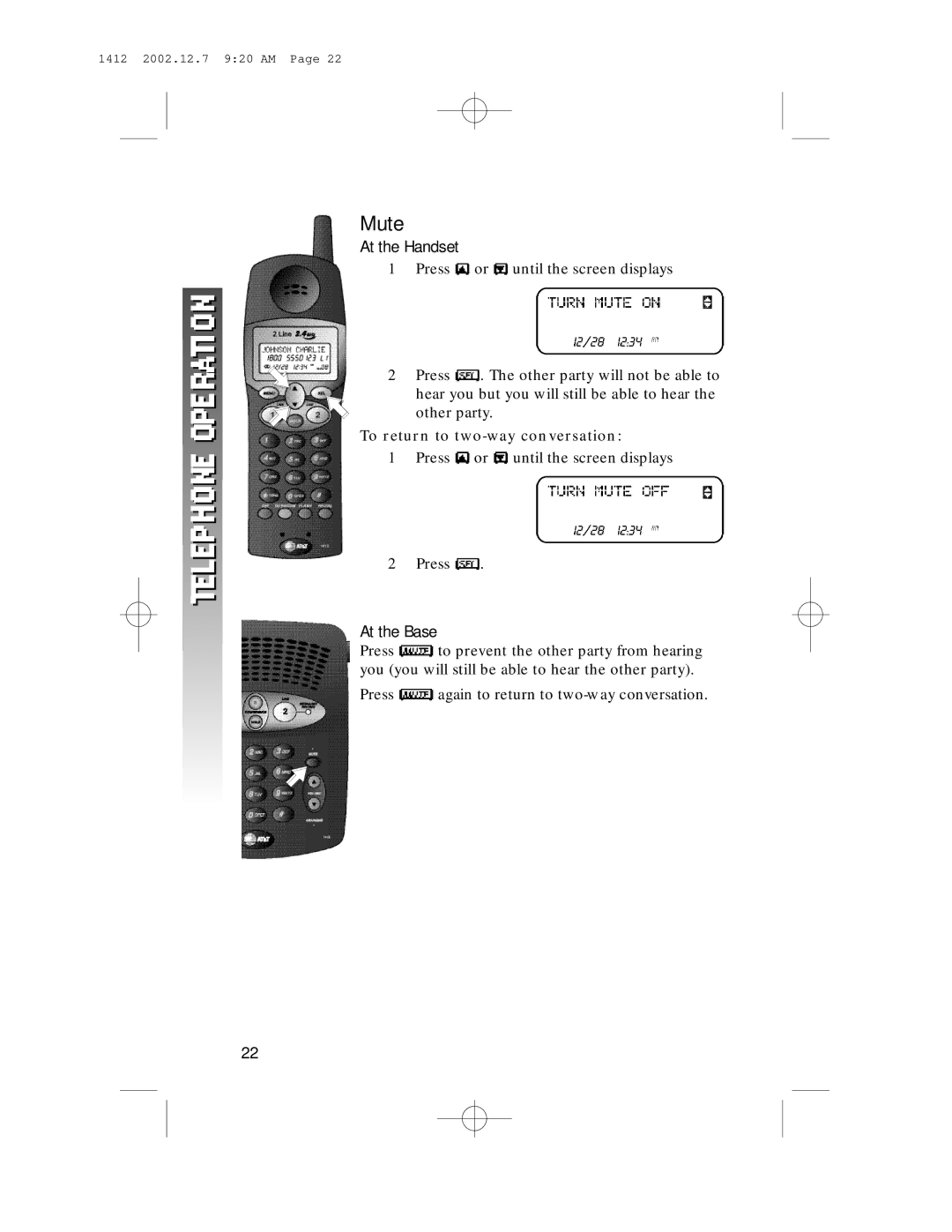 AT&T 1412 user manual Mute, To return to two-way conversation 