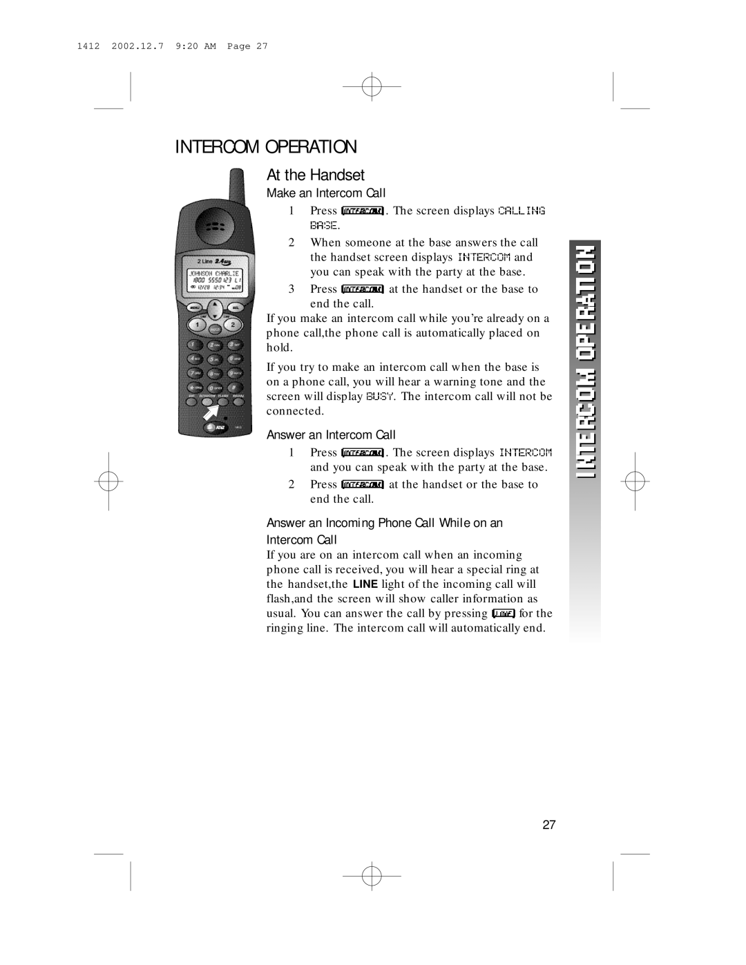 AT&T 1412 user manual Intercom Operation, At the Handset 