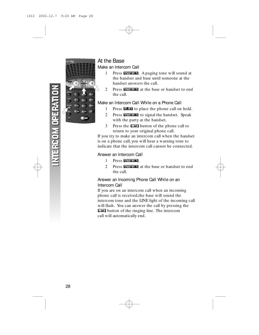 AT&T 1412 user manual At the Base, Make an Intercom Call While on a Phone Call 