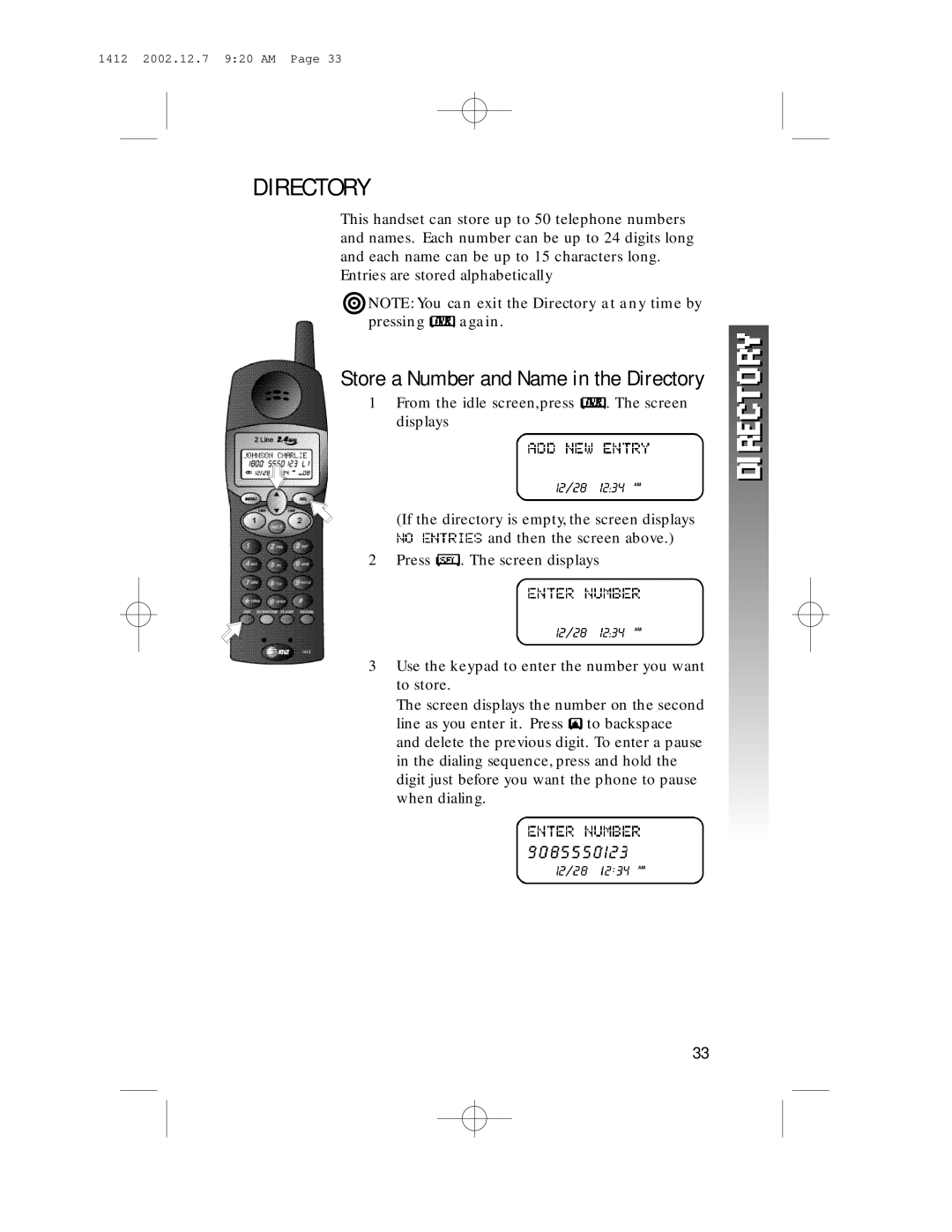 AT&T 1412 user manual Store a Number and Name in the Directory 