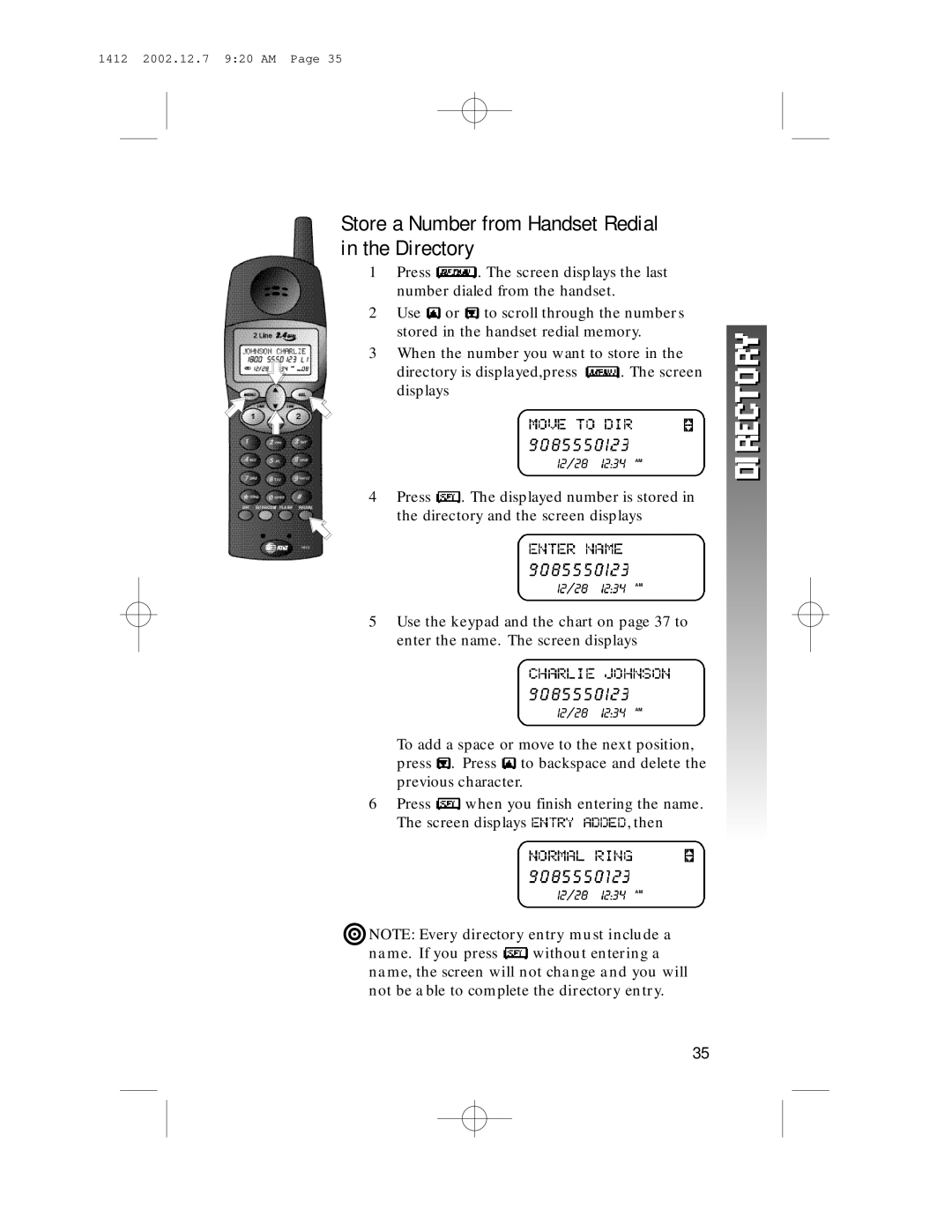 AT&T 1412 user manual Store a Number from Handset Redial in the Directory 