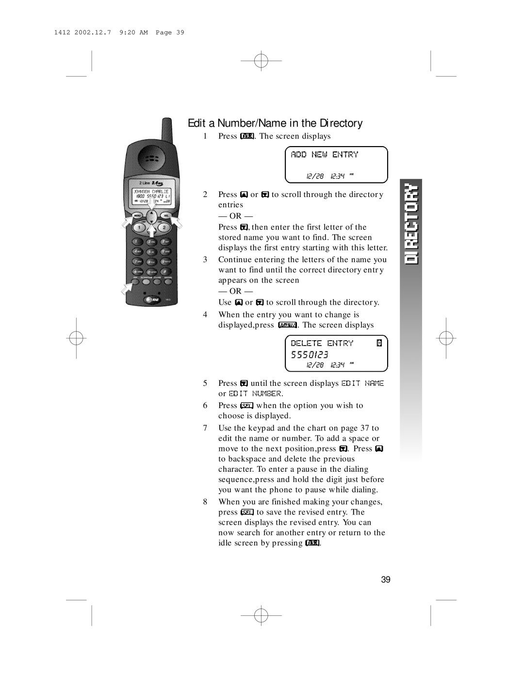 AT&T 1412 user manual Edit a Number/Name in the Directory 