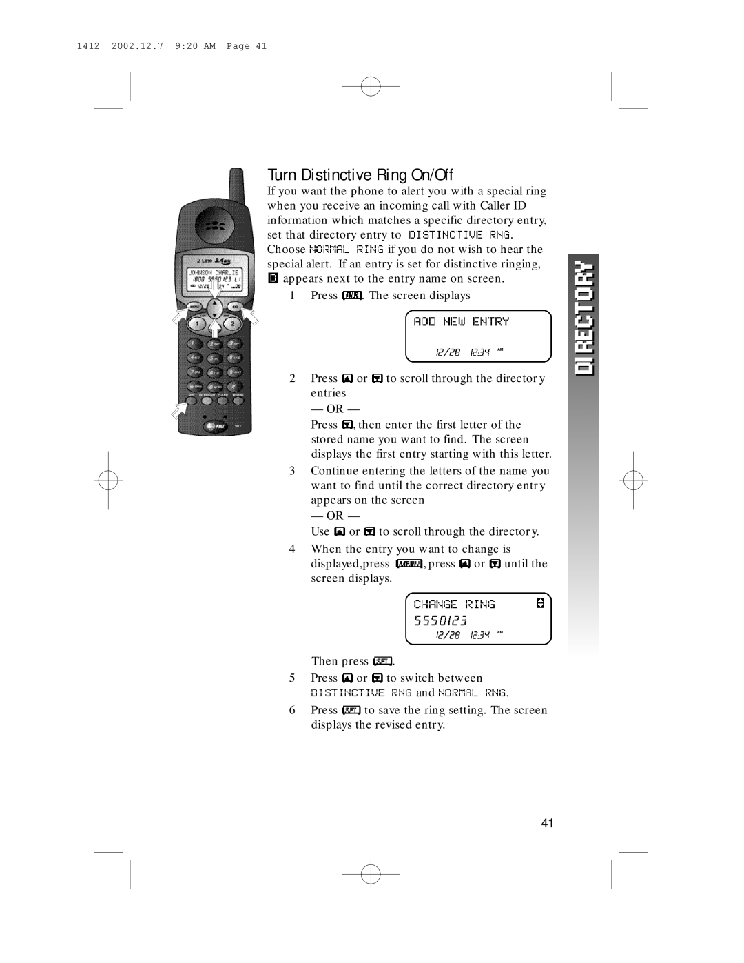 AT&T 1412 user manual Turn Distinctive Ring On/Off 