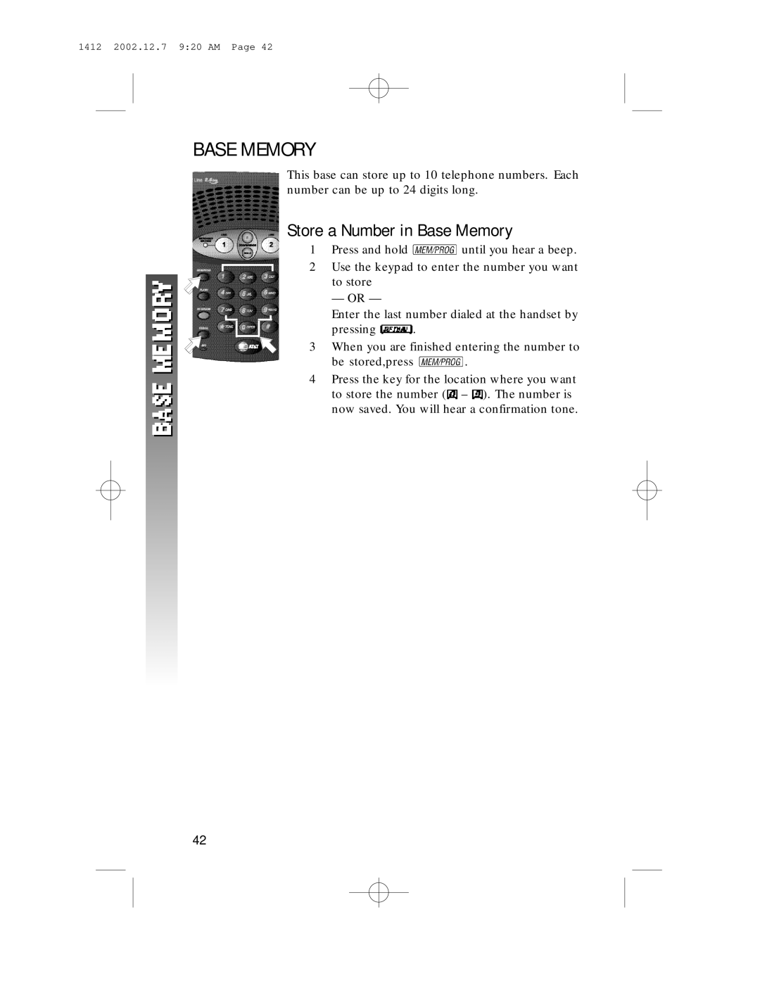 AT&T 1412 user manual Store a Number in Base Memory 