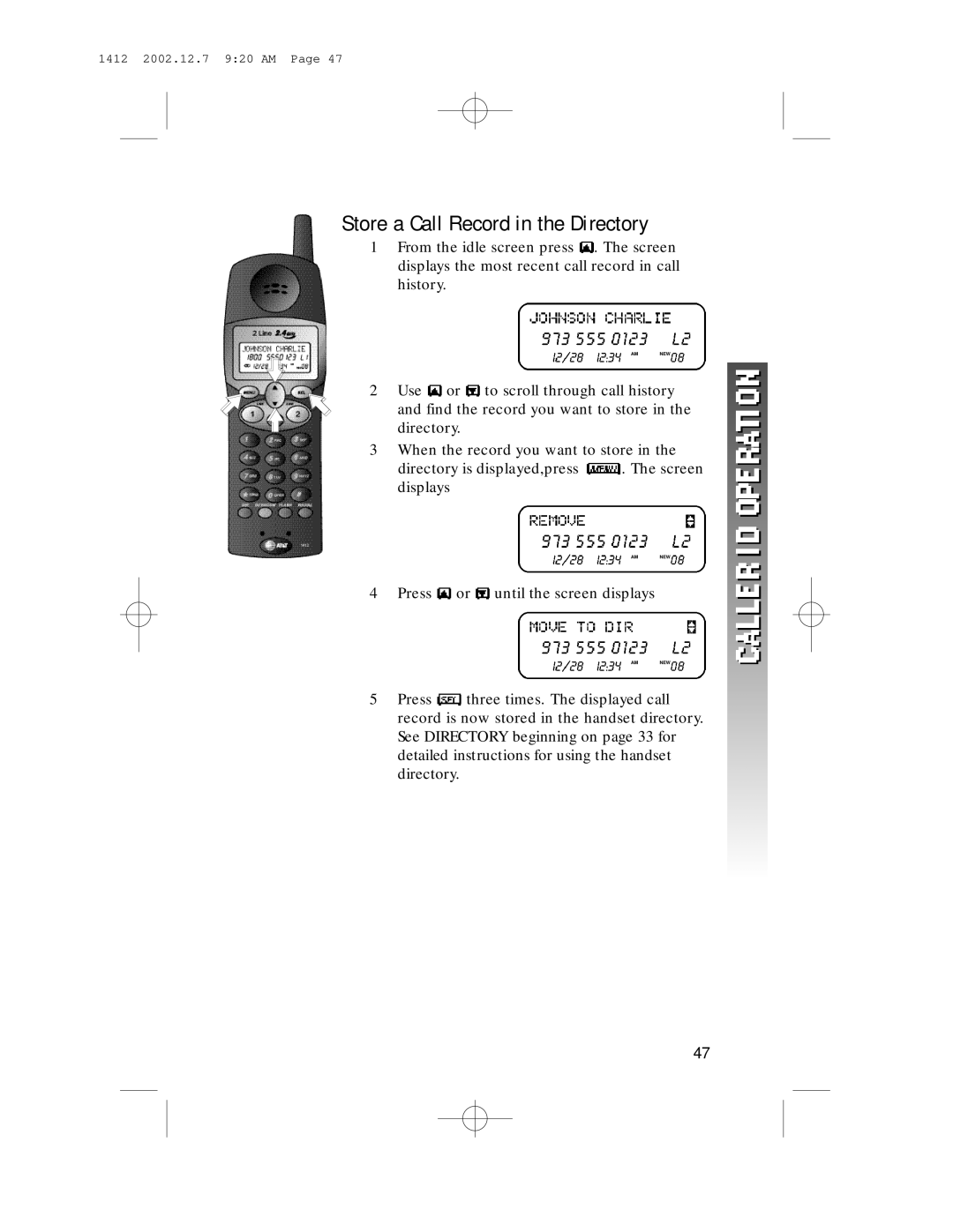 AT&T 1412 user manual Store a Call Record in the Directory 