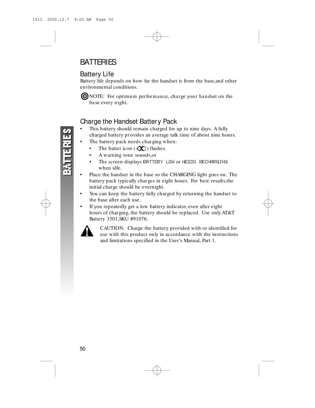 AT&T 1412 user manual Batteries, Battery Life, Charge the Handset Battery Pack 