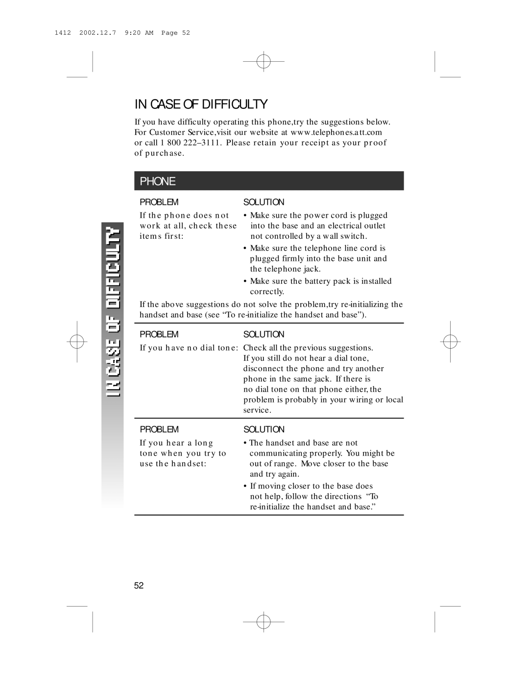 AT&T 1412 user manual Case of Difficulty, If the phone does not work at all, check these items first 