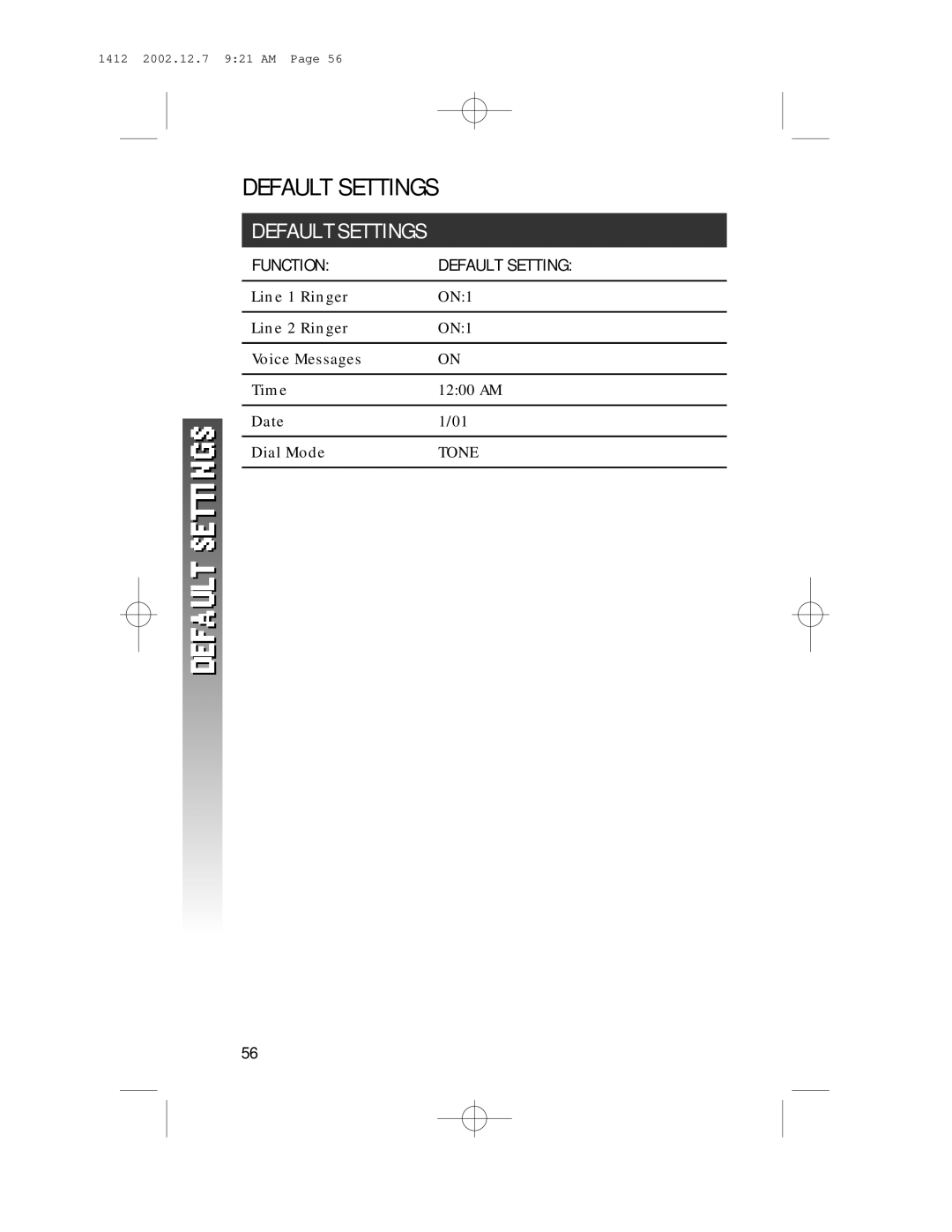 AT&T 1412 user manual Default Settings 