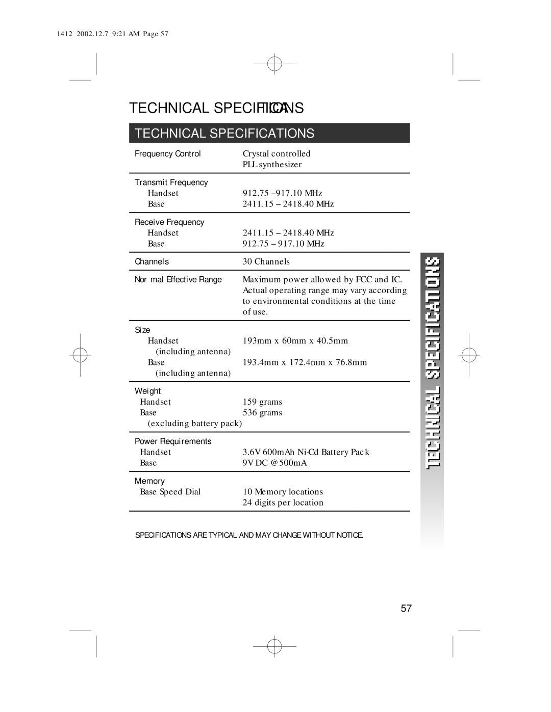 AT&T 1412 user manual Technical Specifications 