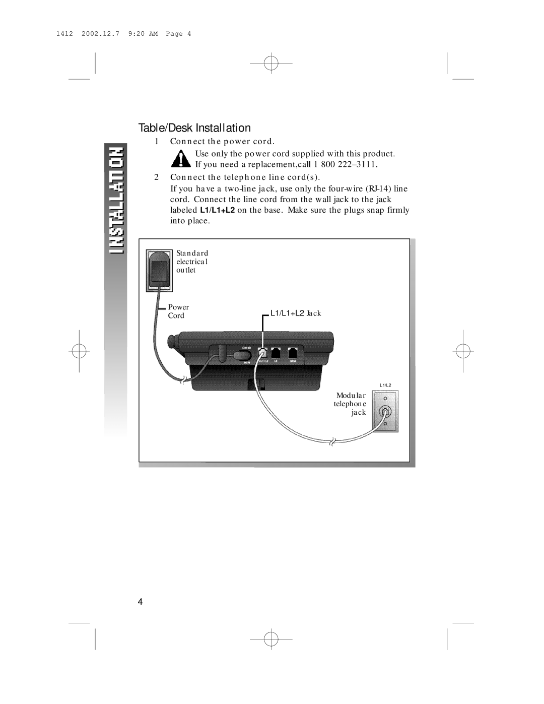 AT&T 1412 user manual Table/Desk Installation, Connect the power cord, Connect the telephone line cords 