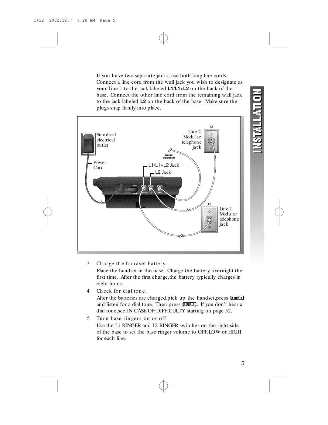 AT&T 1412 user manual Charge the handset battery, Check for dial tone, Turn base ringers on or off 