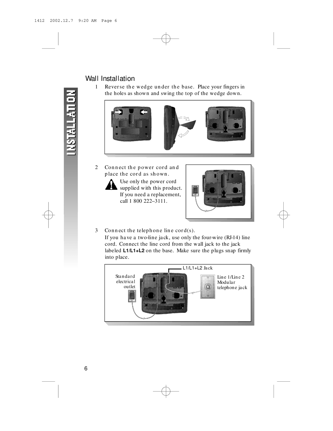 AT&T 1412 user manual Wall Installation 