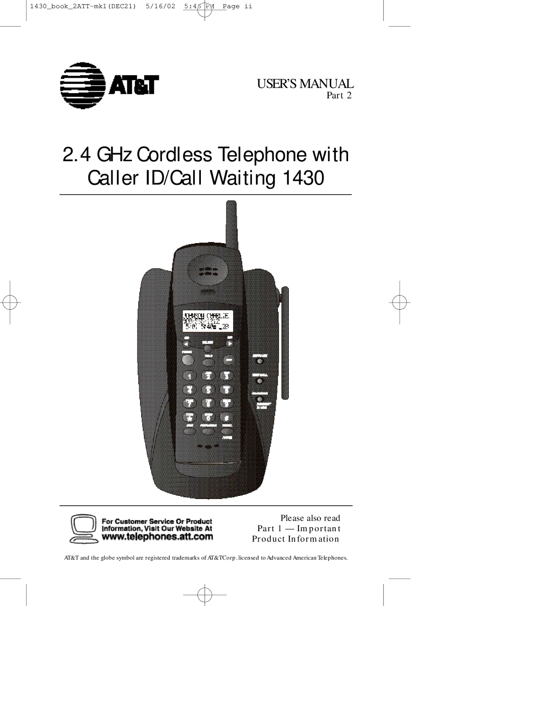 AT&T 1430 user manual GHz Cordless Telephone with Caller ID/Call Waiting 