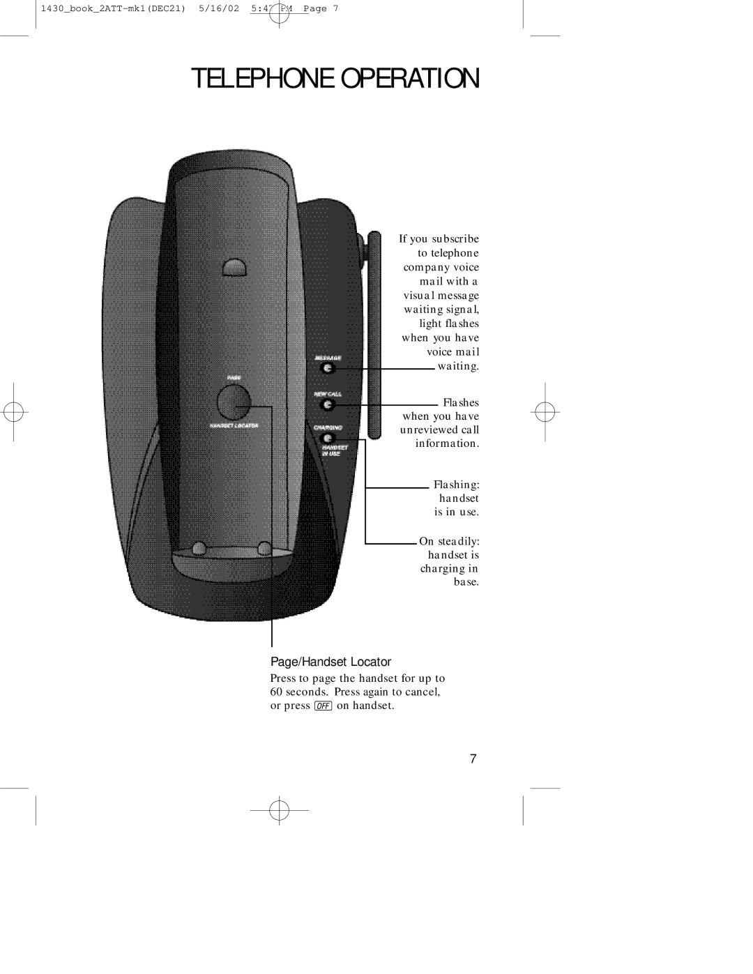 AT&T 1430 user manual Telephone Operation, Page/Handset Locator 