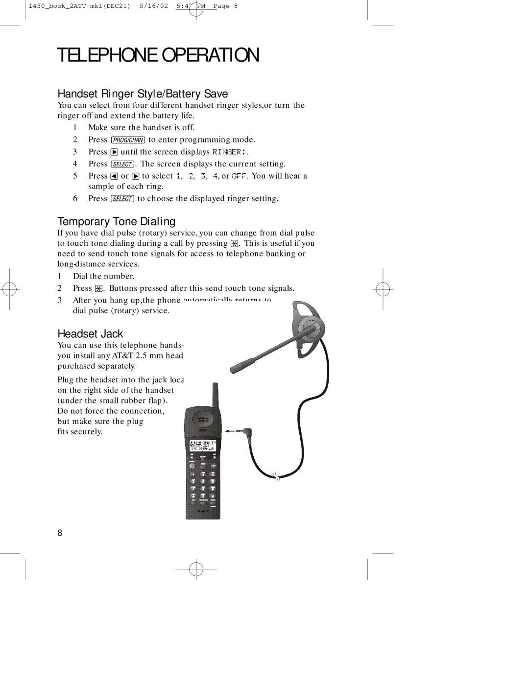 AT&T 1430 user manual Handset Ringer Style/Battery Save, Temporary Tone Dialing, Headset Jack 