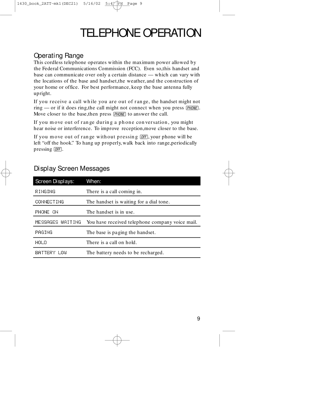 AT&T 1430 user manual Operating Range, Display Screen Messages 