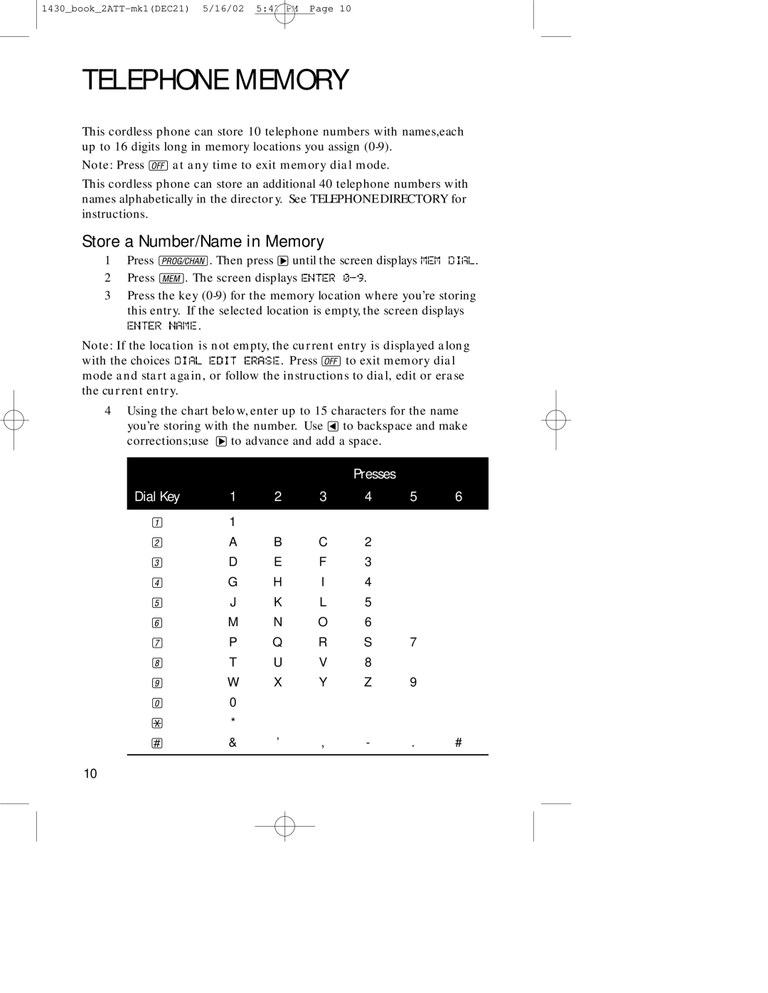 AT&T 1430 user manual Telephone Memory, Store a Number/Name in Memory 