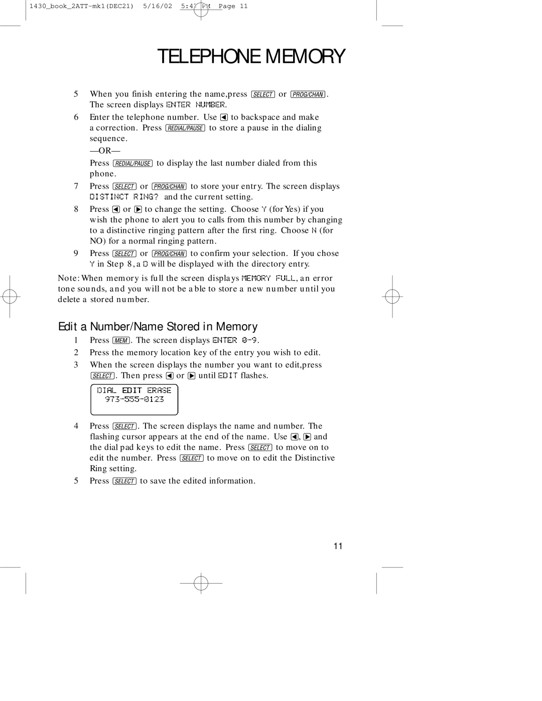 AT&T 1430 user manual Edit a Number/Name Stored in Memory 