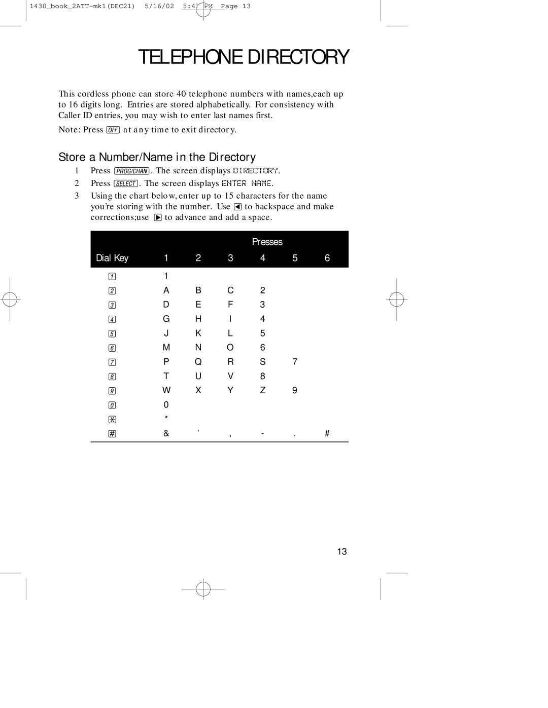 AT&T 1430 user manual Telephone Directory, Store a Number/Name in the Directory 