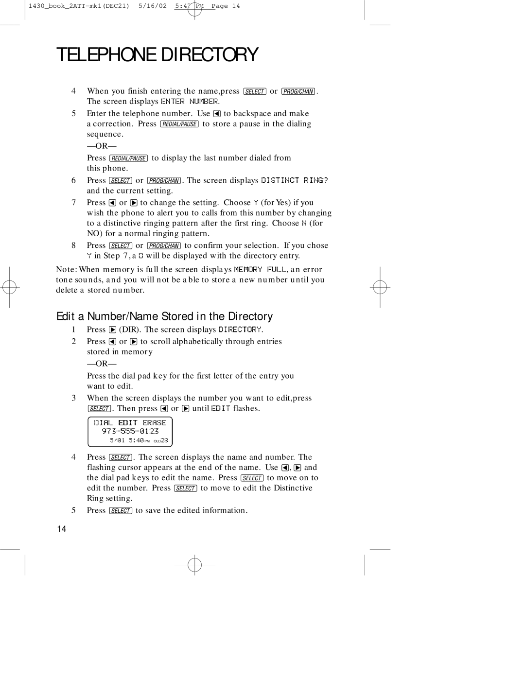 AT&T 1430 user manual Edit a Number/Name Stored in the Directory 