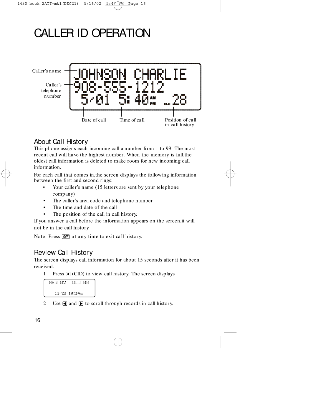 AT&T 1430 user manual Caller ID Operation, About Call History, Review Call History 